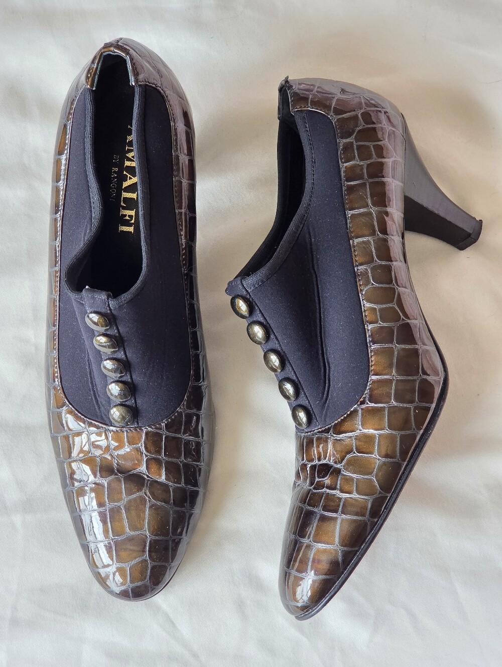 Vintage Amalfi Brown Croc Patent Studded Sock Pump Block Heel Italy Sz 8.5